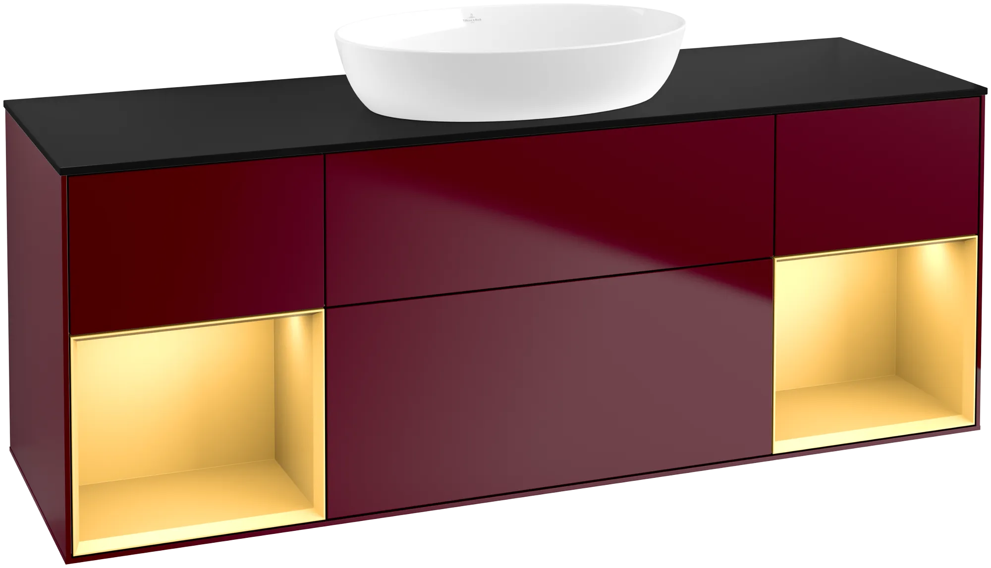 εικόνα του VILLEROY BOCH Finion Vanity unit, with lighting, 4 pull-out compartments, 1600 x 603 x 501 mm, Peony Matt Lacquer / Gold Matt Lacquer / Glass Black Matt #FD02HFHB