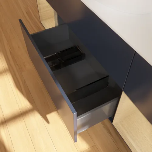 VILLEROY BOCH Finion Waschbeckenunterschrank, mit Beleuchtung, 4 Auszüge, 1600 x 603 x 501 mm, Midnight Blue Matt Lacquer / Oak Veneer / Glass White Matt #FD01PCHG, Bild 7