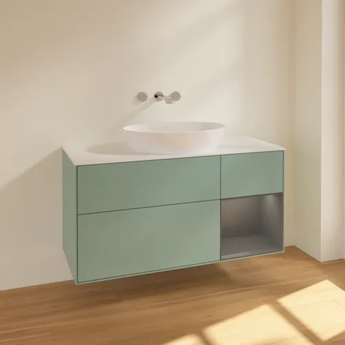Bild von VILLEROY BOCH Finion Waschbeckenunterschrank, mit Beleuchtung, 3 Auszüge, 1200 x 603 x 501 mm, Olive Matt Lacquer / Anthracite Matt Lacquer / Glass White Matt #FA71GKGM