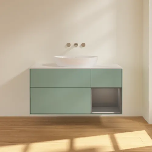Bild von VILLEROY BOCH Finion Waschbeckenunterschrank, mit Beleuchtung, 3 Auszüge, 1200 x 603 x 501 mm, Olive Matt Lacquer / Anthracite Matt Lacquer / Glass White Matt #FA71GKGM