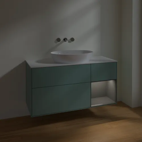 Bild von VILLEROY BOCH Finion Waschbeckenunterschrank, mit Beleuchtung, 3 Auszüge, 1200 x 603 x 501 mm, Olive Matt Lacquer / Anthracite Matt Lacquer / Glass White Matt #FA71GKGM