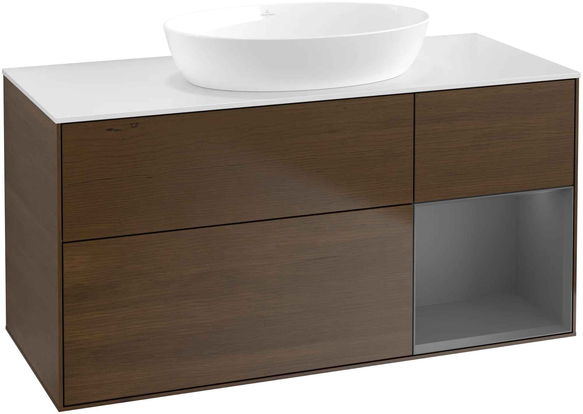 VILLEROY BOCH Finion Vanity unit, with lighting, 3 pull-out compartments, 1200 x 603 x 501 mm, Walnut Veneer / Anthracite Matt Lacquer / Glass White Matt #FA71GKGN resmi