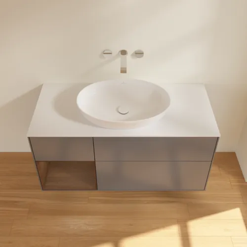 Bild von VILLEROY BOCH Finion Waschbeckenunterschrank, mit Beleuchtung, 3 Auszüge, 1200 x 603 x 501 mm, Anthracite Matt Lacquer / Walnut Veneer / Glass White Matt #FA61GNGK