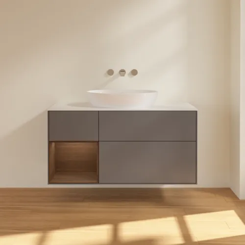 Bild von VILLEROY BOCH Finion Waschbeckenunterschrank, mit Beleuchtung, 3 Auszüge, 1200 x 603 x 501 mm, Anthracite Matt Lacquer / Walnut Veneer / Glass White Matt #FA61GNGK