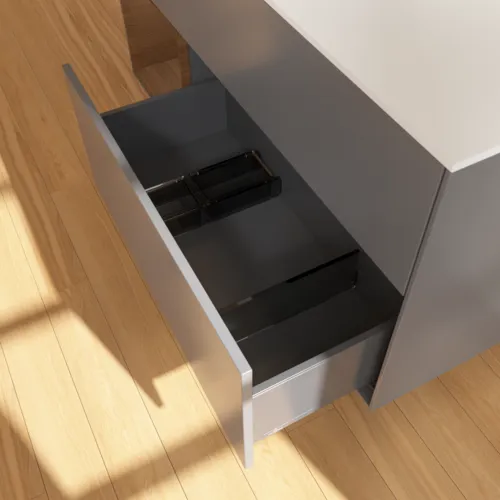 Bild von VILLEROY BOCH Finion Waschbeckenunterschrank, mit Beleuchtung, 3 Auszüge, 1200 x 603 x 501 mm, Anthracite Matt Lacquer / Walnut Veneer / Glass White Matt #FA61GNGK