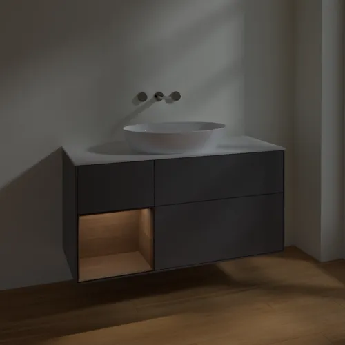 Bild von VILLEROY BOCH Finion Waschbeckenunterschrank, mit Beleuchtung, 3 Auszüge, 1200 x 603 x 501 mm, Anthracite Matt Lacquer / Walnut Veneer / Glass White Matt #FA61GNGK