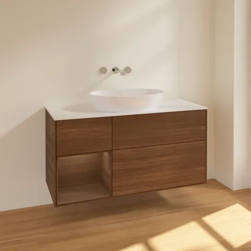 VILLEROY BOCH Finion Waschbeckenunterschrank, mit Beleuchtung, 3 Auszüge, 1200 x 603 x 501 mm, Walnut Veneer / Walnut Veneer / Glass White Matt #FA61GNGN, Bild 2