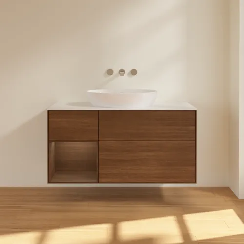 VILLEROY BOCH Finion Waschbeckenunterschrank, mit Beleuchtung, 3 Auszüge, 1200 x 603 x 501 mm, Walnut Veneer / Walnut Veneer / Glass White Matt #FA61GNGN, Bild 3