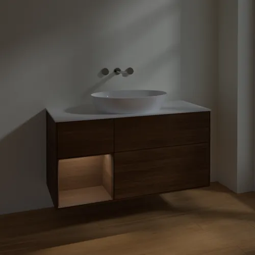 VILLEROY BOCH Finion Waschbeckenunterschrank, mit Beleuchtung, 3 Auszüge, 1200 x 603 x 501 mm, Walnut Veneer / Walnut Veneer / Glass White Matt #FA61GNGN, Bild 5