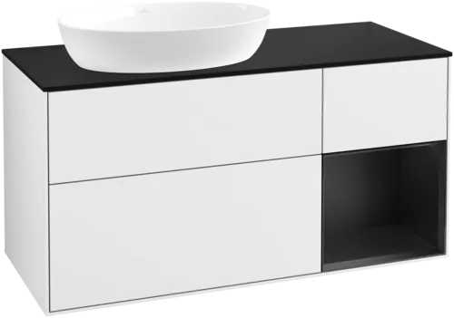 Picture of VILLEROY BOCH Finion Vanity unit, with lighting, 3 pull-out compartments, 1200 x 603 x 501 mm, Glossy White Lacquer / Black Matt Lacquer / Glass Black Matt #FA52PDGF