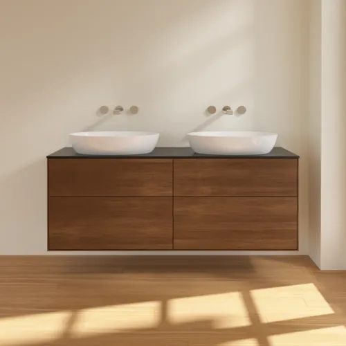 Bild von VILLEROY BOCH Finion Waschbeckenunterschrank, 4 Auszüge, 1600 x 603 x 501 mm, Walnut Veneer / Glass Black Matt #FA8200GN