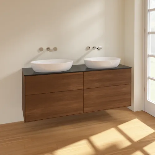 Bild von VILLEROY BOCH Finion Waschbeckenunterschrank, 4 Auszüge, 1600 x 603 x 501 mm, Walnut Veneer / Glass Black Matt #FA8200GN