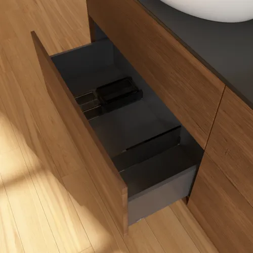 Bild von VILLEROY BOCH Finion Waschbeckenunterschrank, 4 Auszüge, 1600 x 603 x 501 mm, Walnut Veneer / Glass Black Matt #FA8200GN