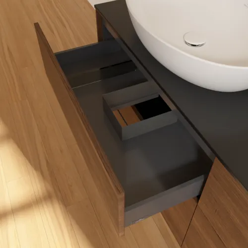 Bild von VILLEROY BOCH Finion Waschbeckenunterschrank, 4 Auszüge, 1600 x 603 x 501 mm, Walnut Veneer / Glass Black Matt #FA8200GN