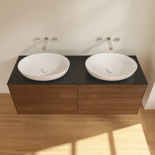 Bild von VILLEROY BOCH Finion Waschbeckenunterschrank, 4 Auszüge, 1600 x 603 x 501 mm, Walnut Veneer / Glass Black Matt #FA8200GN