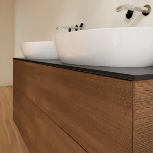 Bild von VILLEROY BOCH Finion Waschbeckenunterschrank, 4 Auszüge, 1600 x 603 x 501 mm, Walnut Veneer / Glass Black Matt #FA8200GN