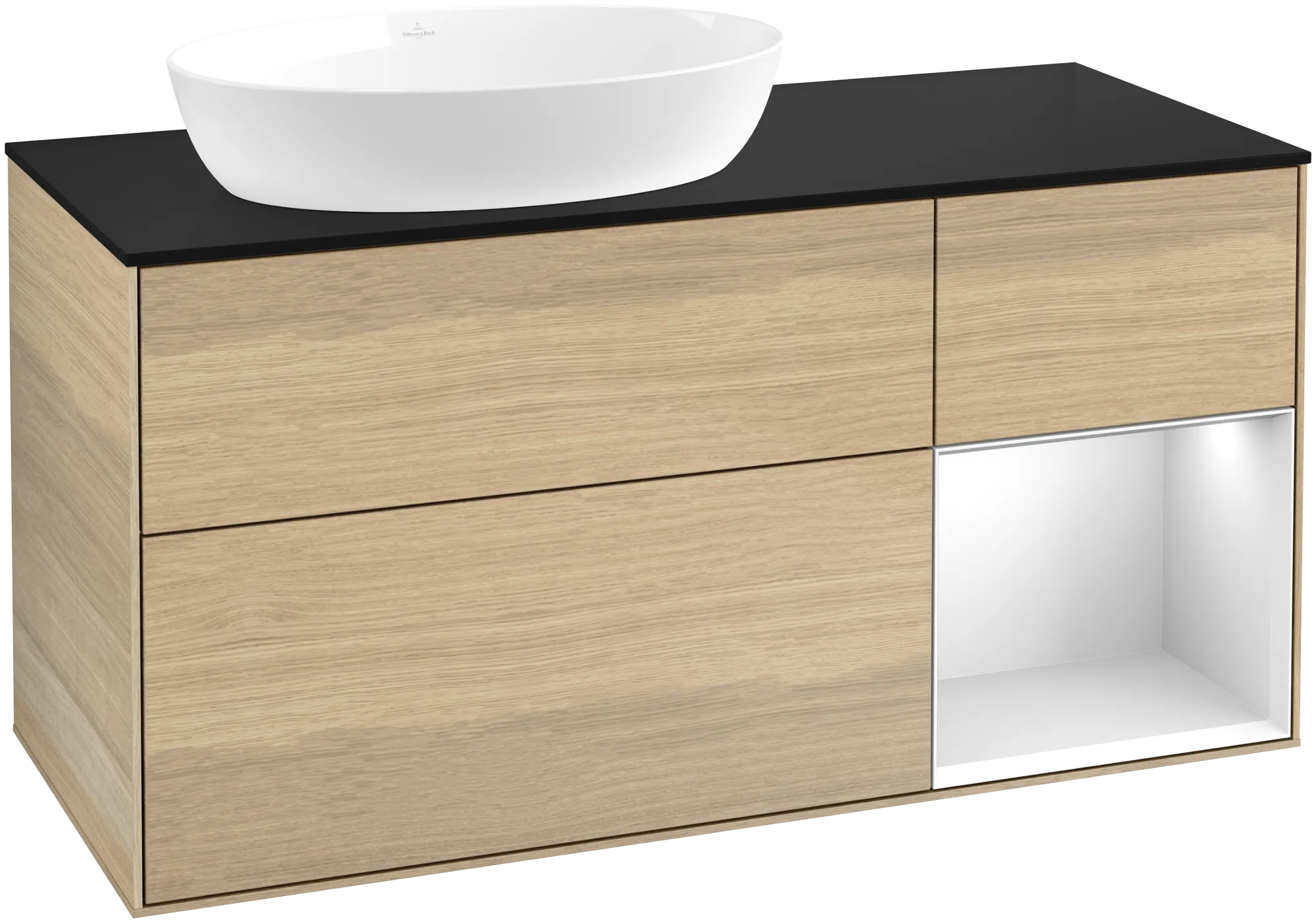Picture of VILLEROY BOCH Finion Vanity unit, with lighting, 3 pull-out compartments, 1200 x 603 x 501 mm, Oak Veneer / White Matt Lacquer / Glass Black Matt #FA52MTPC