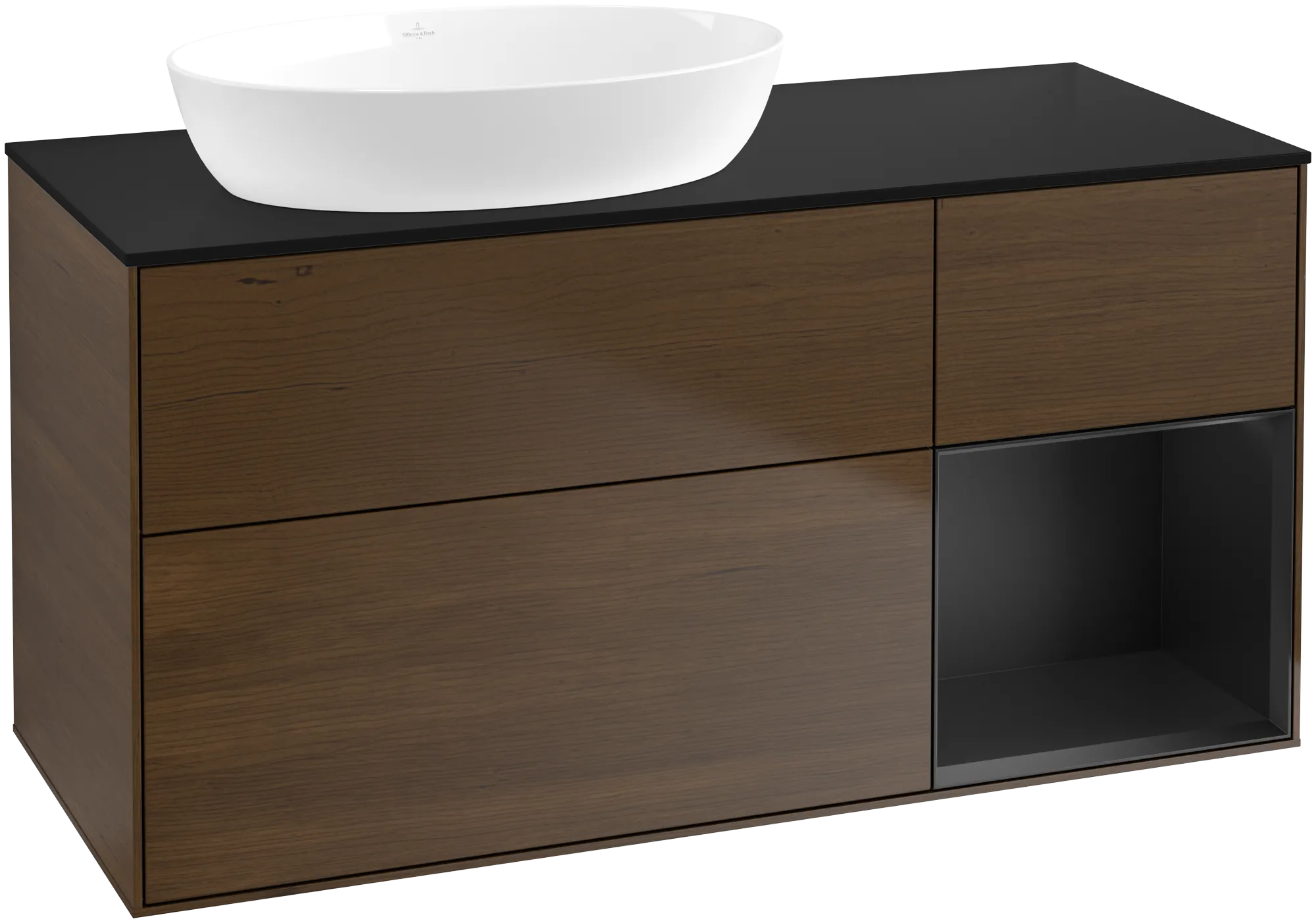 Picture of VILLEROY BOCH Finion Vanity unit, with lighting, 3 pull-out compartments, 1200 x 603 x 501 mm, Walnut Veneer / Black Matt Lacquer / Glass Black Matt #FA52PDGN