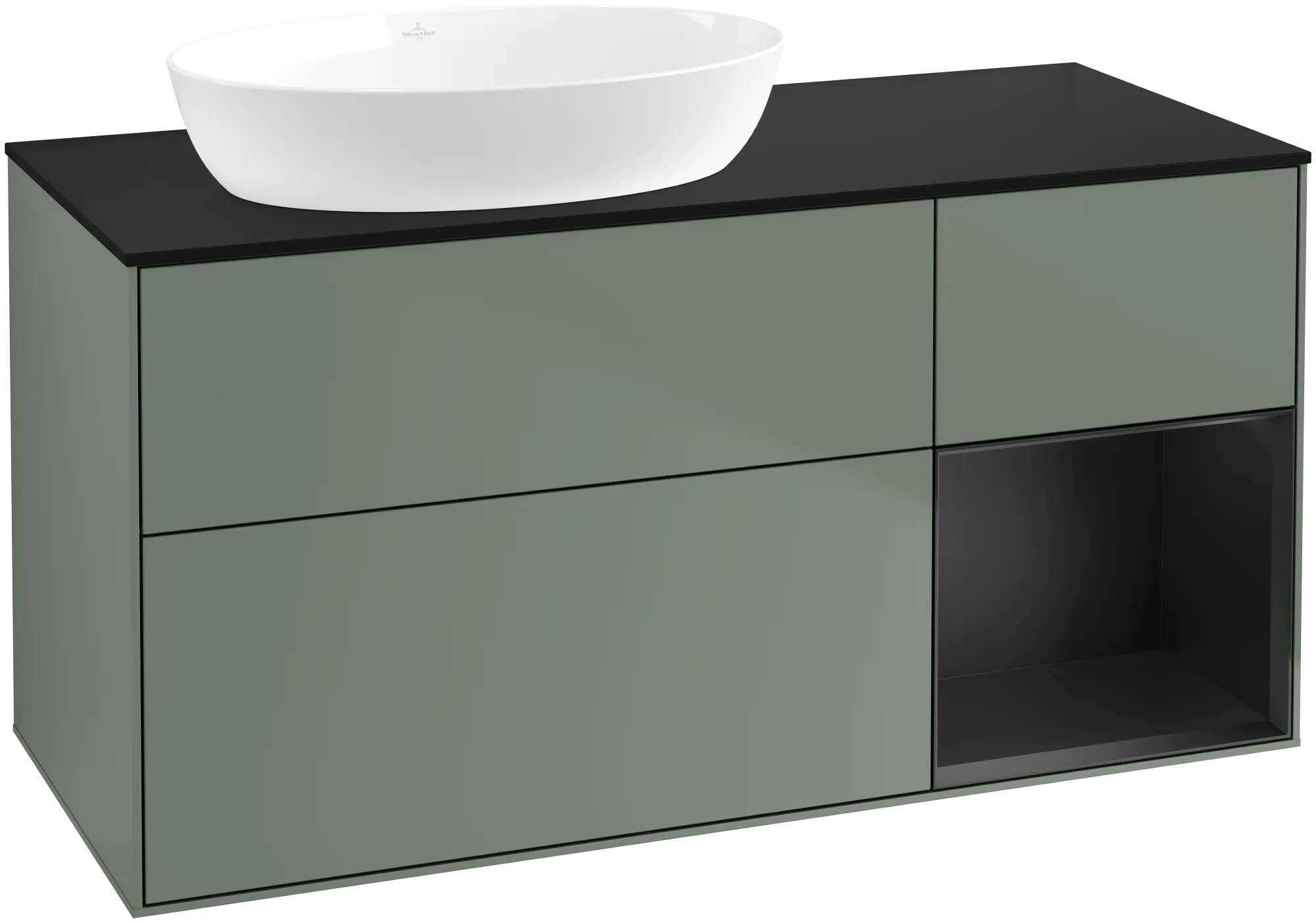 Picture of VILLEROY BOCH Finion Vanity unit, with lighting, 3 pull-out compartments, 1200 x 603 x 501 mm, Olive Matt Lacquer / Black Matt Lacquer / Glass Black Matt #FA52PDGM