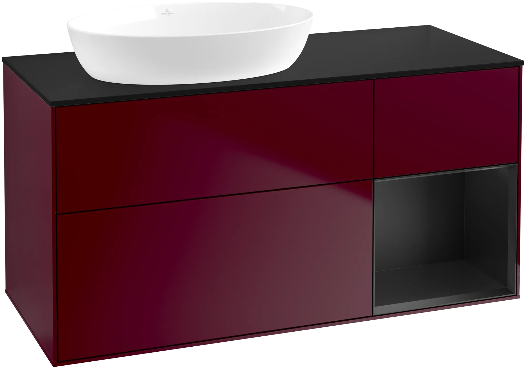 Picture of VILLEROY BOCH Finion Vanity unit, with lighting, 3 pull-out compartments, 1200 x 603 x 501 mm, Peony Matt Lacquer / Black Matt Lacquer / Glass Black Matt #FA52PDHB