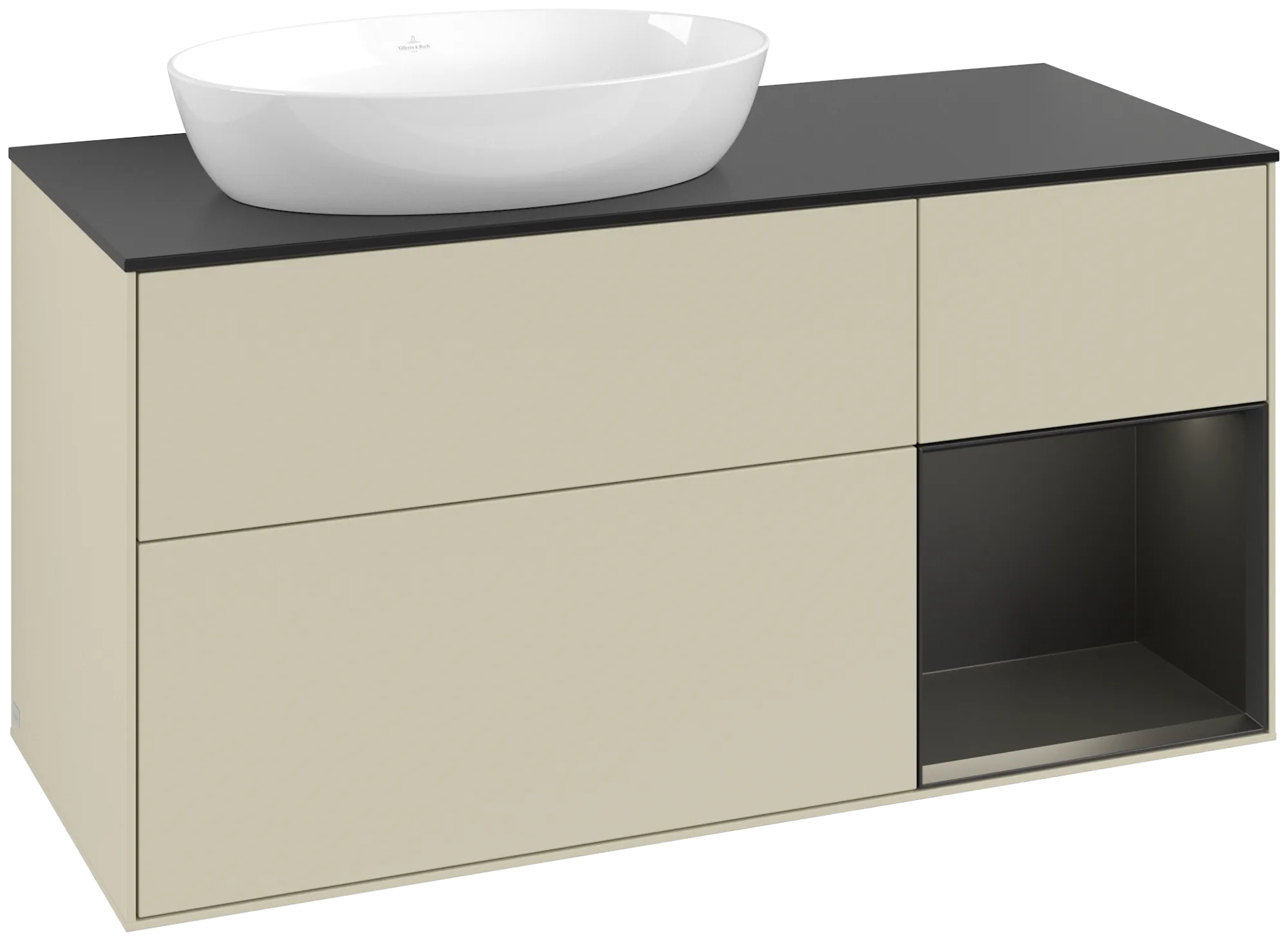Picture of VILLEROY BOCH Finion Vanity unit, with lighting, 3 pull-out compartments, 1200 x 603 x 501 mm, Silk Grey Matt Lacquer / Black Matt Lacquer / Glass Black Matt #FA52PDHJ