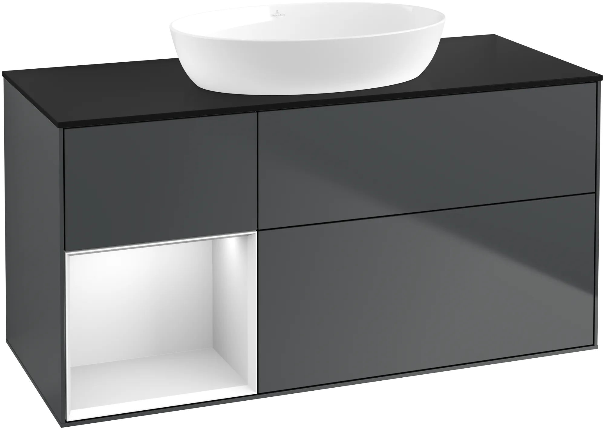Picture of VILLEROY BOCH Finion Vanity unit, with lighting, 3 pull-out compartments, 1200 x 603 x 501 mm, Midnight Blue Matt Lacquer / White Matt Lacquer / Glass Black Matt #FA62MTHG