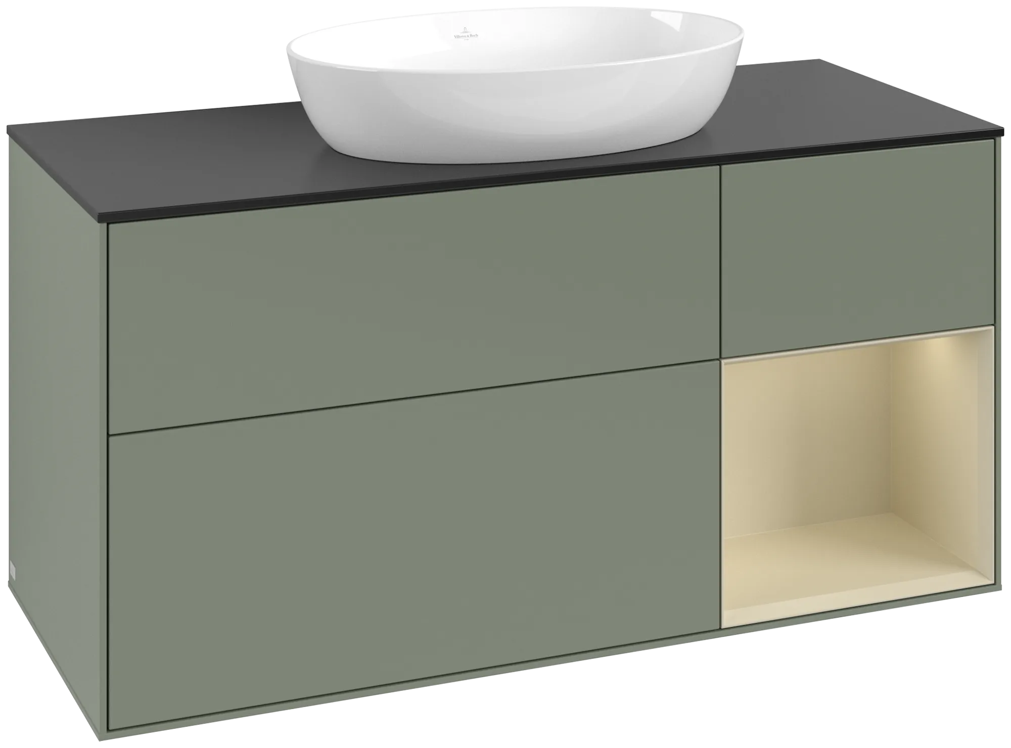 Picture of VILLEROY BOCH Finion Vanity unit, with lighting, 3 pull-out compartments, 1200 x 603 x 501 mm, Olive Matt Lacquer / Silk Grey Matt Lacquer / Glass Black Matt #FA72HJGM