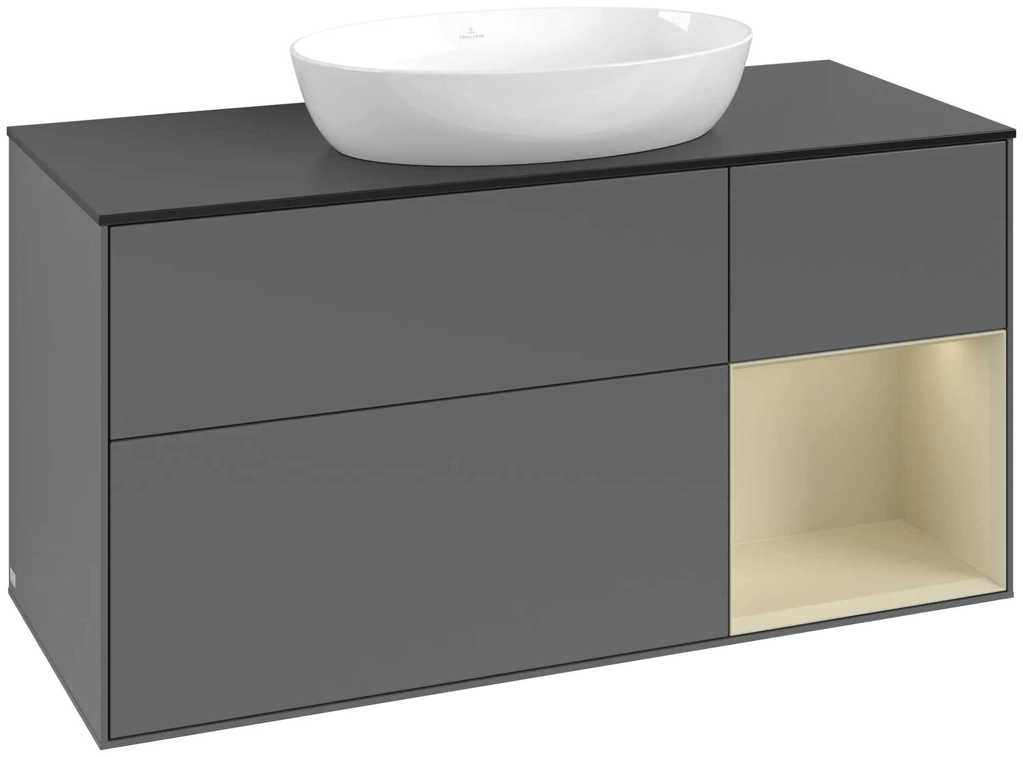 Picture of VILLEROY BOCH Finion Vanity unit, with lighting, 3 pull-out compartments, 1200 x 603 x 501 mm, Anthracite Matt Lacquer / Silk Grey Matt Lacquer / Glass Black Matt #FA72HJGK