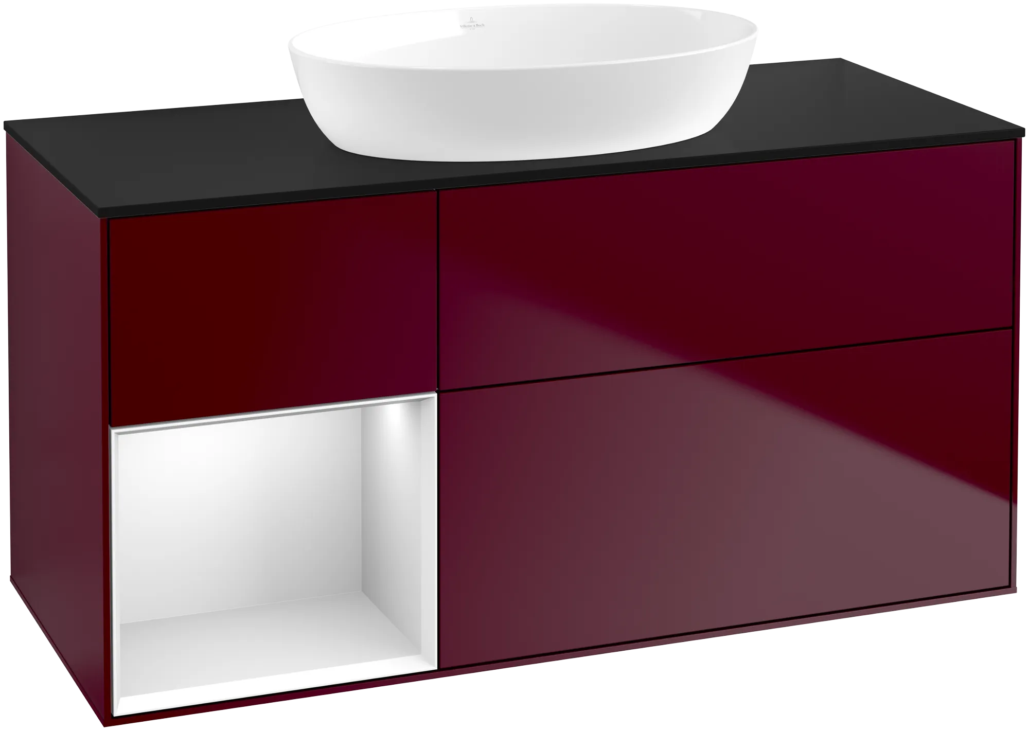Picture of VILLEROY BOCH Finion Vanity unit, with lighting, 3 pull-out compartments, 1200 x 603 x 501 mm, Peony Matt Lacquer / White Matt Lacquer / Glass Black Matt #FA62MTHB