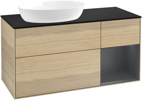 Picture of VILLEROY BOCH Finion Vanity unit, with lighting, 3 pull-out compartments, 1200 x 603 x 501 mm, Oak Veneer / Midnight Blue Matt Lacquer / Glass Black Matt #FA52HGPC