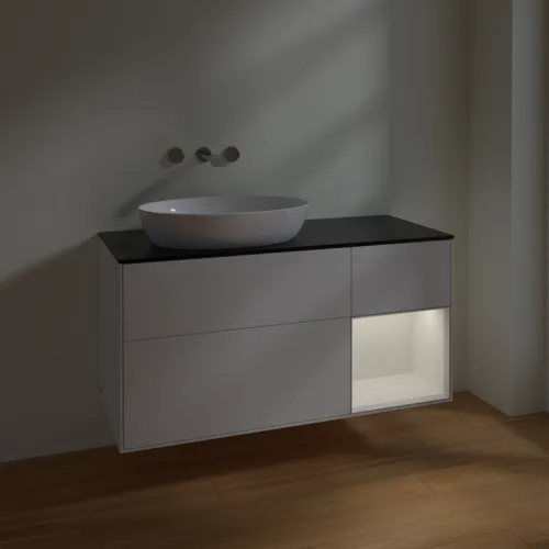 Bild von VILLEROY BOCH Finion Waschbeckenunterschrank, mit Beleuchtung, 3 Auszüge, 1200 x 603 x 501 mm, White Matt Lacquer / Glossy White Lacquer / Glass Black Matt #FA52GFMT