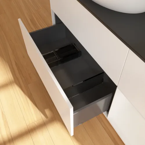 Bild von VILLEROY BOCH Finion Waschbeckenunterschrank, mit Beleuchtung, 3 Auszüge, 1200 x 603 x 501 mm, White Matt Lacquer / Glossy White Lacquer / Glass Black Matt #FA52GFMT