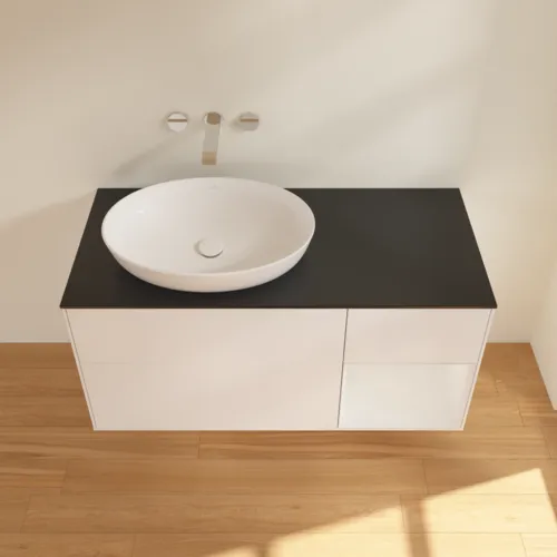 Bild von VILLEROY BOCH Finion Waschbeckenunterschrank, mit Beleuchtung, 3 Auszüge, 1200 x 603 x 501 mm, White Matt Lacquer / Glossy White Lacquer / Glass Black Matt #FA52GFMT