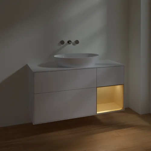 Bild von VILLEROY BOCH Finion Waschbeckenunterschrank, mit Beleuchtung, 3 Auszüge, 1200 x 603 x 501 mm, Glossy White Lacquer / Gold Matt Lacquer / Glass White Matt #FA71HFGF