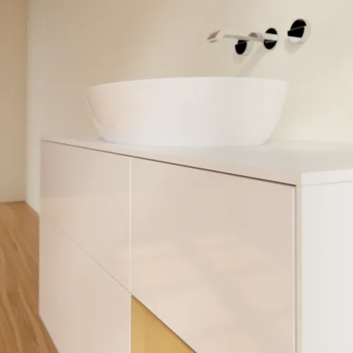 Bild von VILLEROY BOCH Finion Waschbeckenunterschrank, mit Beleuchtung, 3 Auszüge, 1200 x 603 x 501 mm, Glossy White Lacquer / Gold Matt Lacquer / Glass White Matt #FA71HFGF