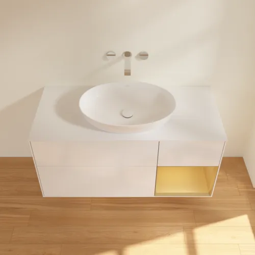 Bild von VILLEROY BOCH Finion Waschbeckenunterschrank, mit Beleuchtung, 3 Auszüge, 1200 x 603 x 501 mm, Glossy White Lacquer / Gold Matt Lacquer / Glass White Matt #FA71HFGF