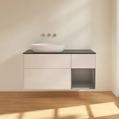 Picture of VILLEROY BOCH Finion Vanity unit, with lighting, 3 pull-out compartments, 1200 x 603 x 501 mm, Glossy White Lacquer / Anthracite Matt Lacquer / Glass Black Matt #FA52GKGF