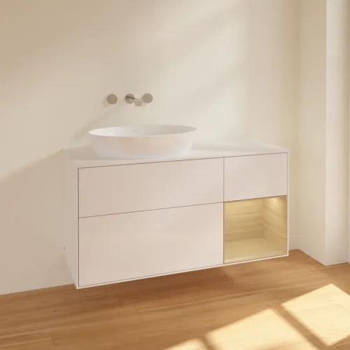 Bild von VILLEROY BOCH Finion Waschbeckenunterschrank, mit Beleuchtung, 3 Auszüge, 1200 x 603 x 501 mm, Glossy White Lacquer / Oak Veneer / Glass White Matt #FA51PCGF