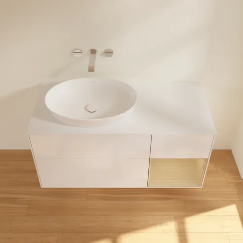 Bild von VILLEROY BOCH Finion Waschbeckenunterschrank, mit Beleuchtung, 3 Auszüge, 1200 x 603 x 501 mm, Glossy White Lacquer / Oak Veneer / Glass White Matt #FA51PCGF