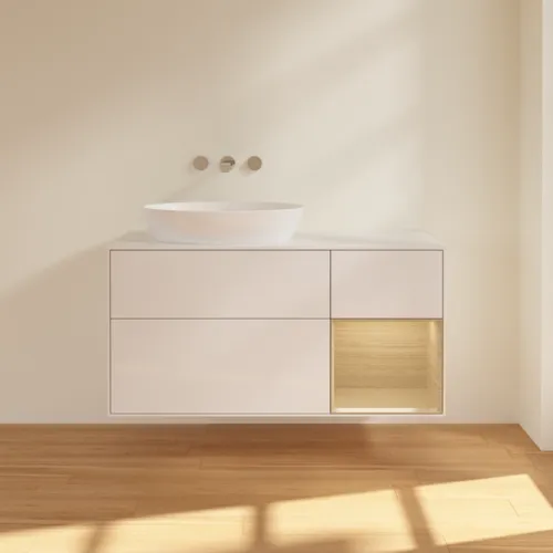 Bild von VILLEROY BOCH Finion Waschbeckenunterschrank, mit Beleuchtung, 3 Auszüge, 1200 x 603 x 501 mm, Glossy White Lacquer / Oak Veneer / Glass White Matt #FA51PCGF