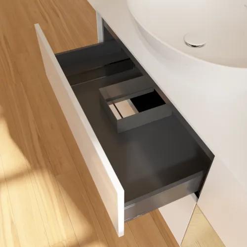 Bild von VILLEROY BOCH Finion Waschbeckenunterschrank, mit Beleuchtung, 3 Auszüge, 1200 x 603 x 501 mm, Glossy White Lacquer / Oak Veneer / Glass White Matt #FA51PCGF
