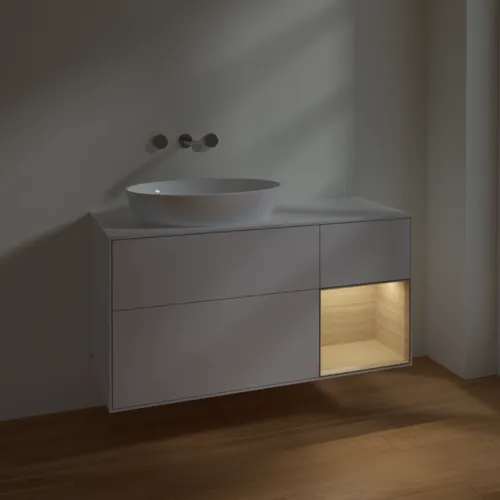 Bild von VILLEROY BOCH Finion Waschbeckenunterschrank, mit Beleuchtung, 3 Auszüge, 1200 x 603 x 501 mm, Glossy White Lacquer / Oak Veneer / Glass White Matt #FA51PCGF
