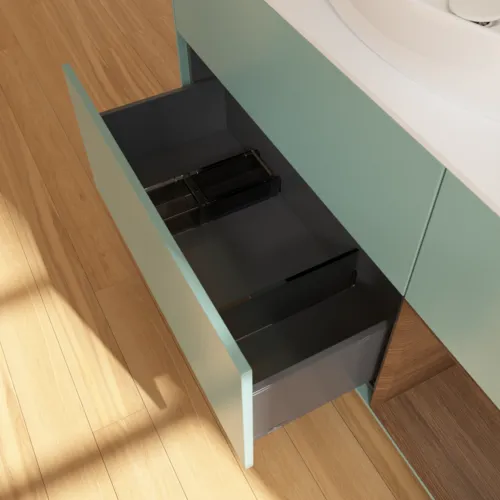 Bild von VILLEROY BOCH Finion Waschbeckenunterschrank, mit Beleuchtung, 3 Auszüge, 1200 x 603 x 501 mm, Olive Matt Lacquer / Walnut Veneer / Glass White Matt #FA71GNGM