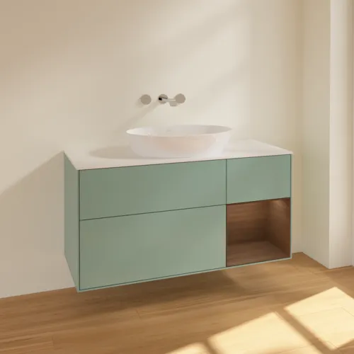 Bild von VILLEROY BOCH Finion Waschbeckenunterschrank, mit Beleuchtung, 3 Auszüge, 1200 x 603 x 501 mm, Olive Matt Lacquer / Walnut Veneer / Glass White Matt #FA71GNGM