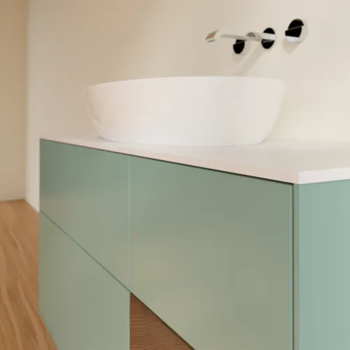 Bild von VILLEROY BOCH Finion Waschbeckenunterschrank, mit Beleuchtung, 3 Auszüge, 1200 x 603 x 501 mm, Olive Matt Lacquer / Walnut Veneer / Glass White Matt #FA71GNGM