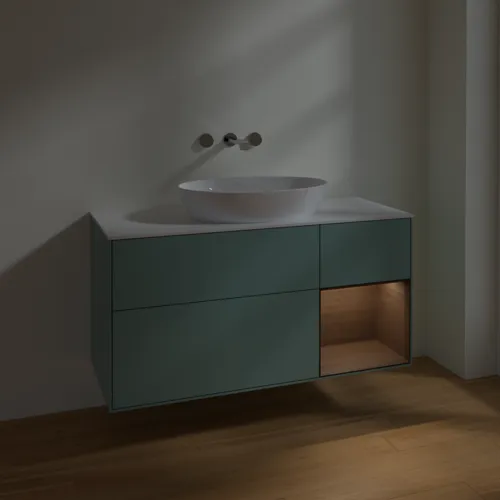 Bild von VILLEROY BOCH Finion Waschbeckenunterschrank, mit Beleuchtung, 3 Auszüge, 1200 x 603 x 501 mm, Olive Matt Lacquer / Walnut Veneer / Glass White Matt #FA71GNGM