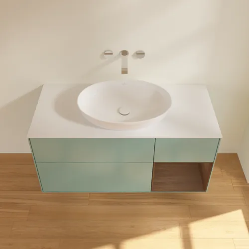 Bild von VILLEROY BOCH Finion Waschbeckenunterschrank, mit Beleuchtung, 3 Auszüge, 1200 x 603 x 501 mm, Olive Matt Lacquer / Walnut Veneer / Glass White Matt #FA71GNGM
