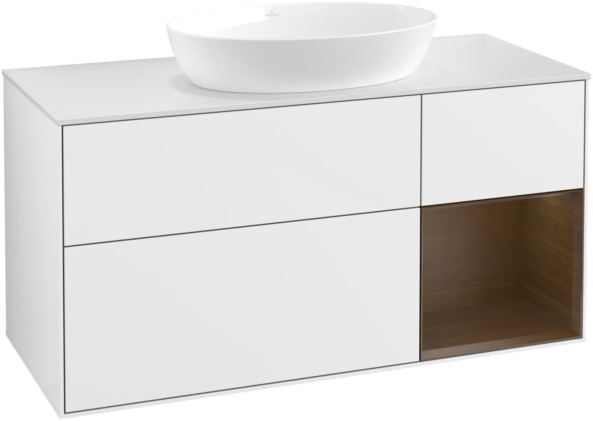 Obrázek VILLEROY BOCH Finion Vanity unit, with lighting, 3 pull-out compartments, 1200 x 603 x 501 mm, Glossy White Lacquer / Walnut Veneer / Glass White Matt #FA71GNGF
