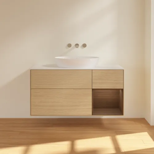 VILLEROY BOCH Finion Waschbeckenunterschrank, mit Beleuchtung, 3 Auszüge, 1200 x 603 x 501 mm, Oak Veneer / Walnut Veneer / Glass White Matt #FA71GNPC, Bild 3