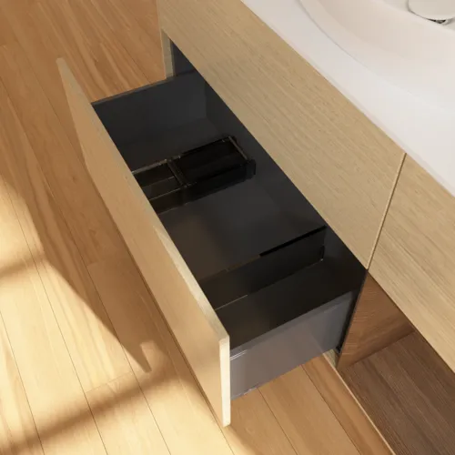 VILLEROY BOCH Finion Waschbeckenunterschrank, mit Beleuchtung, 3 Auszüge, 1200 x 603 x 501 mm, Oak Veneer / Walnut Veneer / Glass White Matt #FA71GNPC, Bild 7